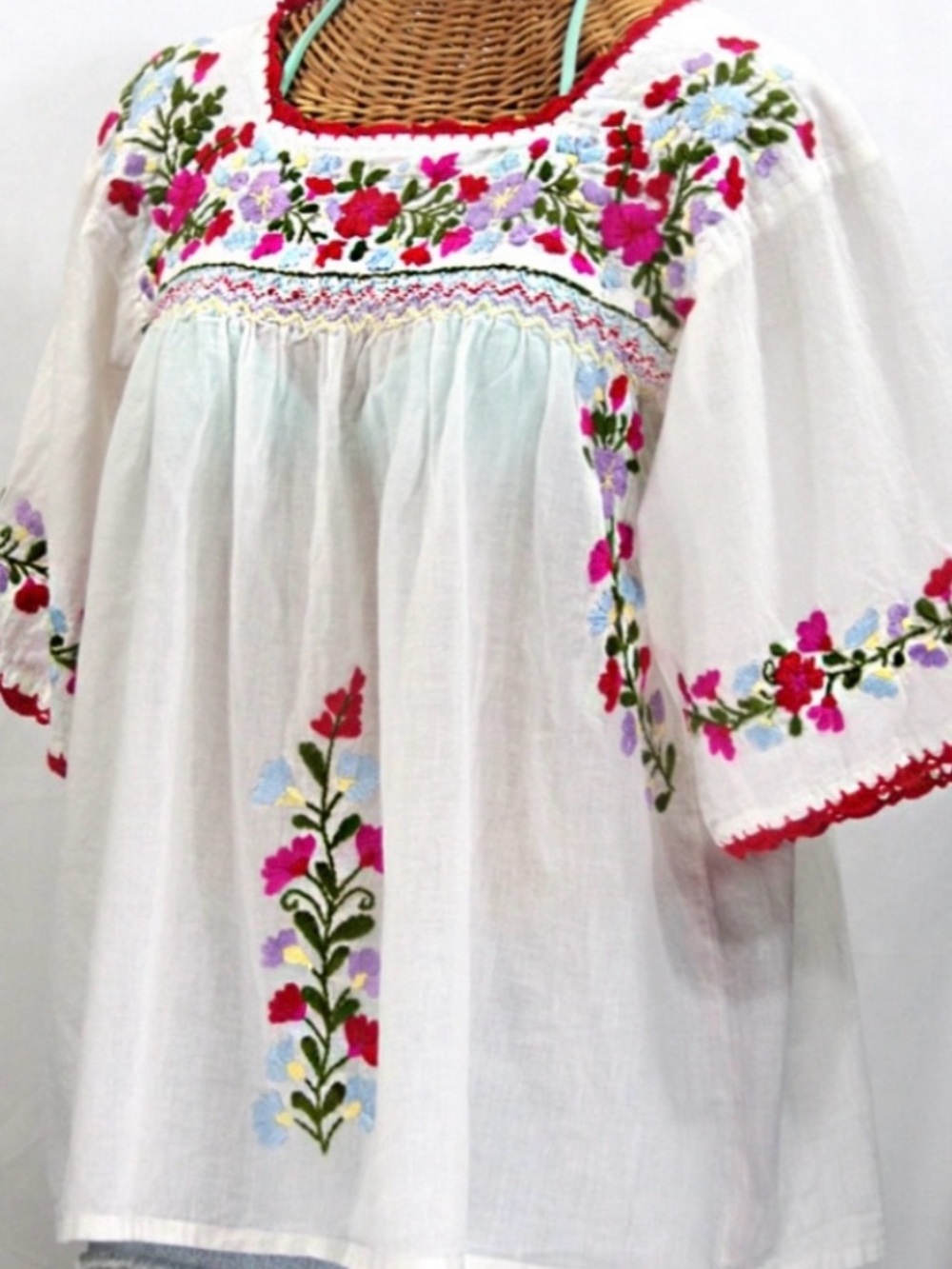 SIREN La Marina Rainbow Embroidered Floral Cotton White Mexican BOHO Blouse Top